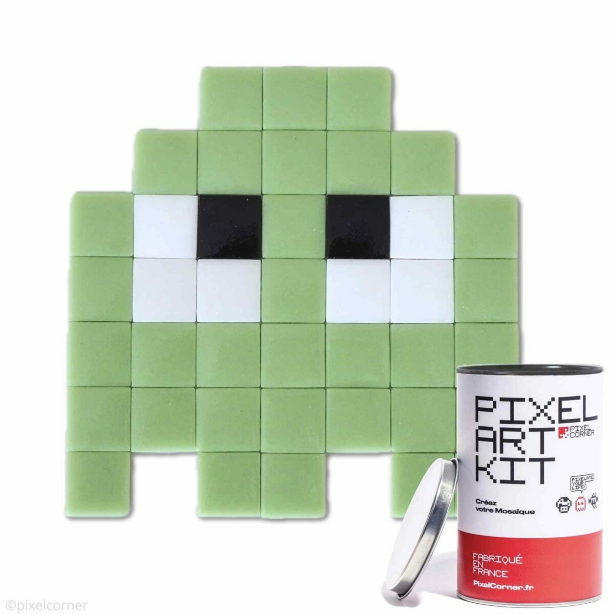 Green Texte alternatif Kit Pixel Art Gloomie Light Green Pixel Corner – fantôme vert en mosaïque de verre avec boîte